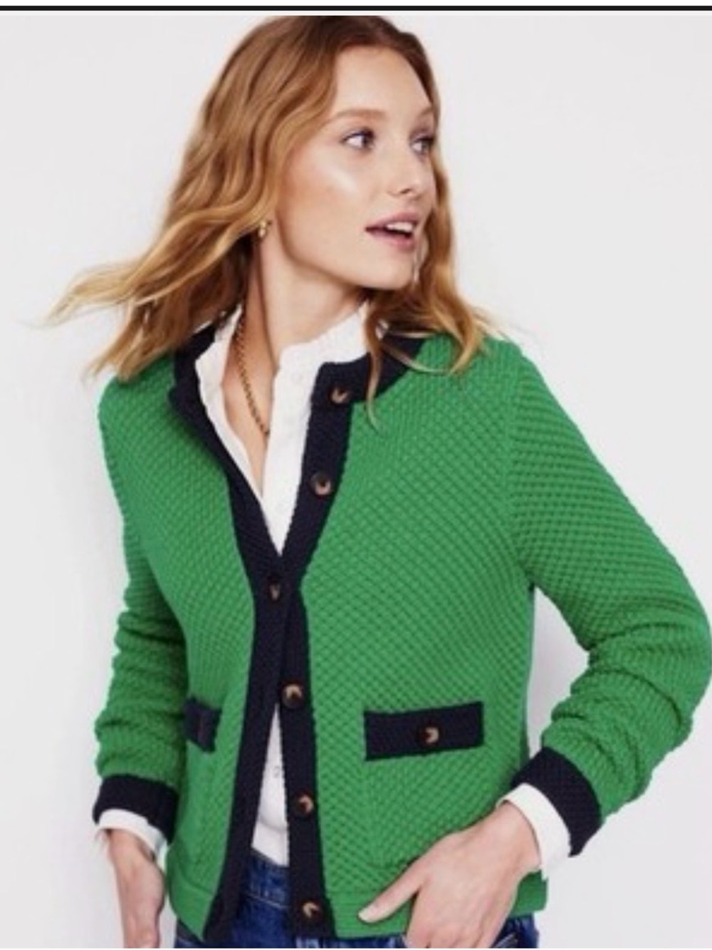 Boden Teal Textured Knit Cardigan with Navy Trim